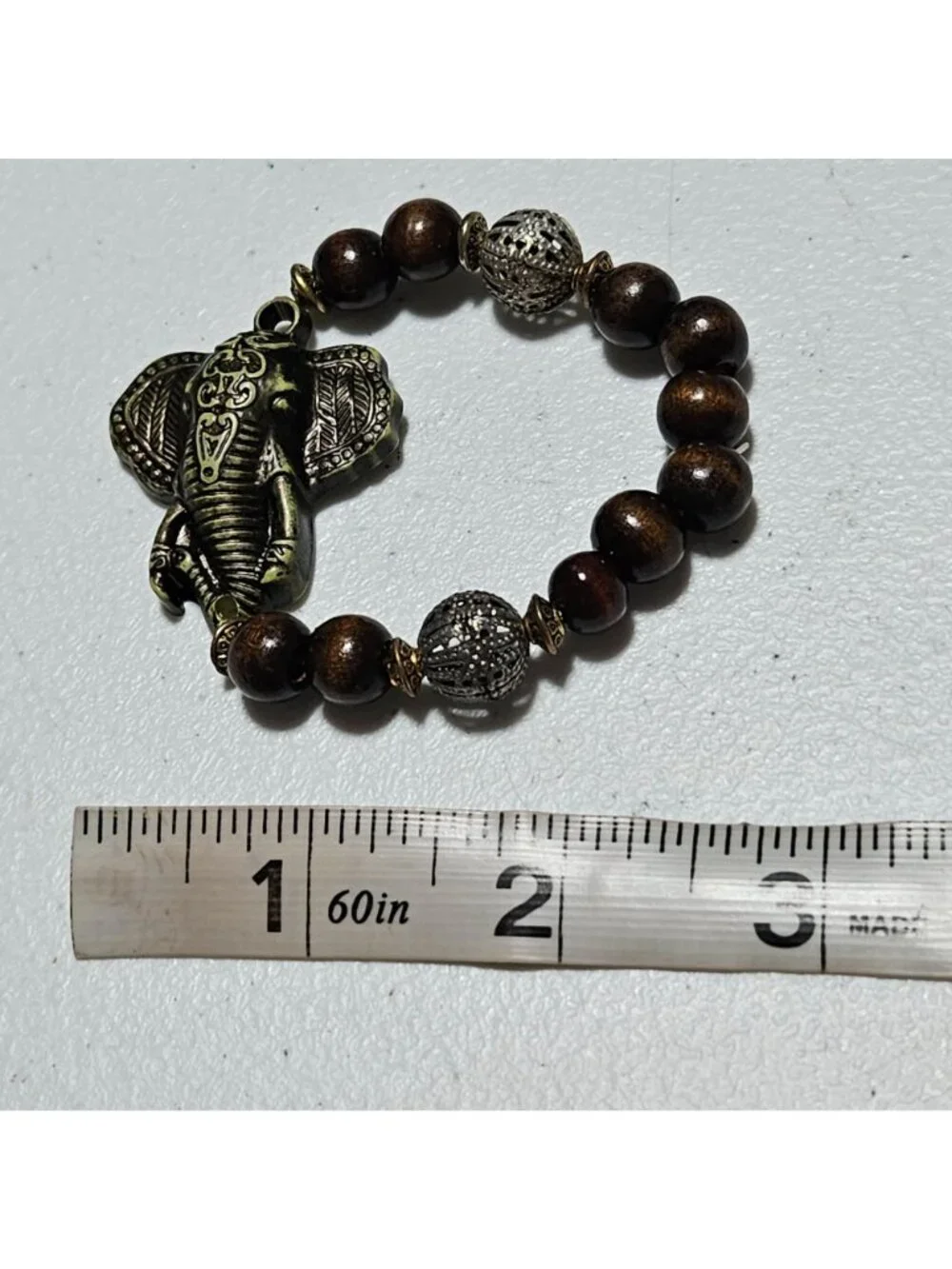 African Inspired Elephant Pendant Bracelet Wooden Metal Beads Statement Jewelry